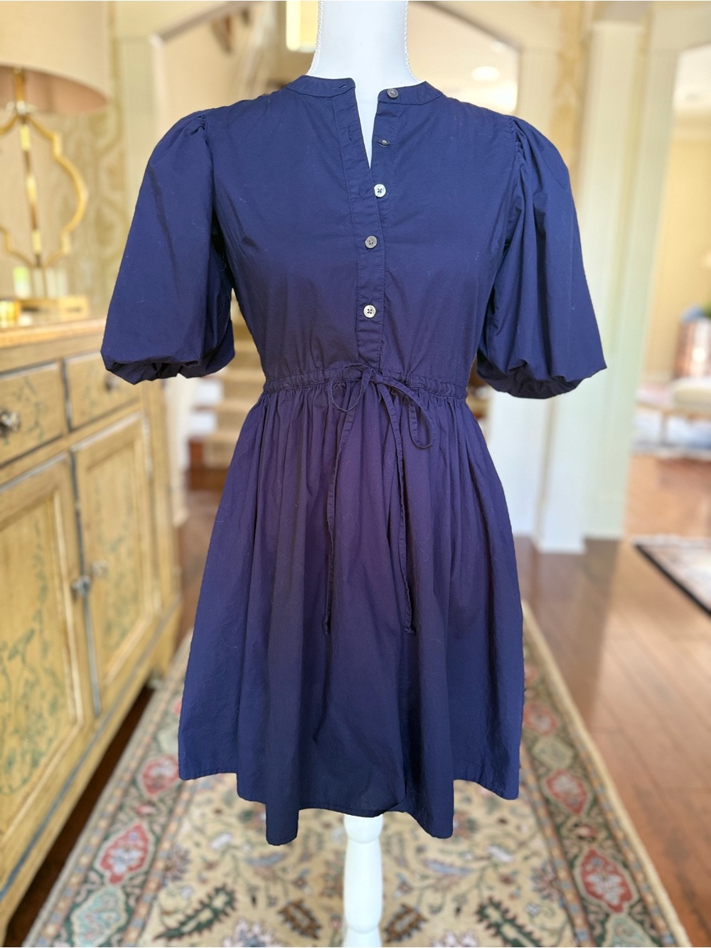 Navy Puff-Sleeve Drawstring Mini Dress